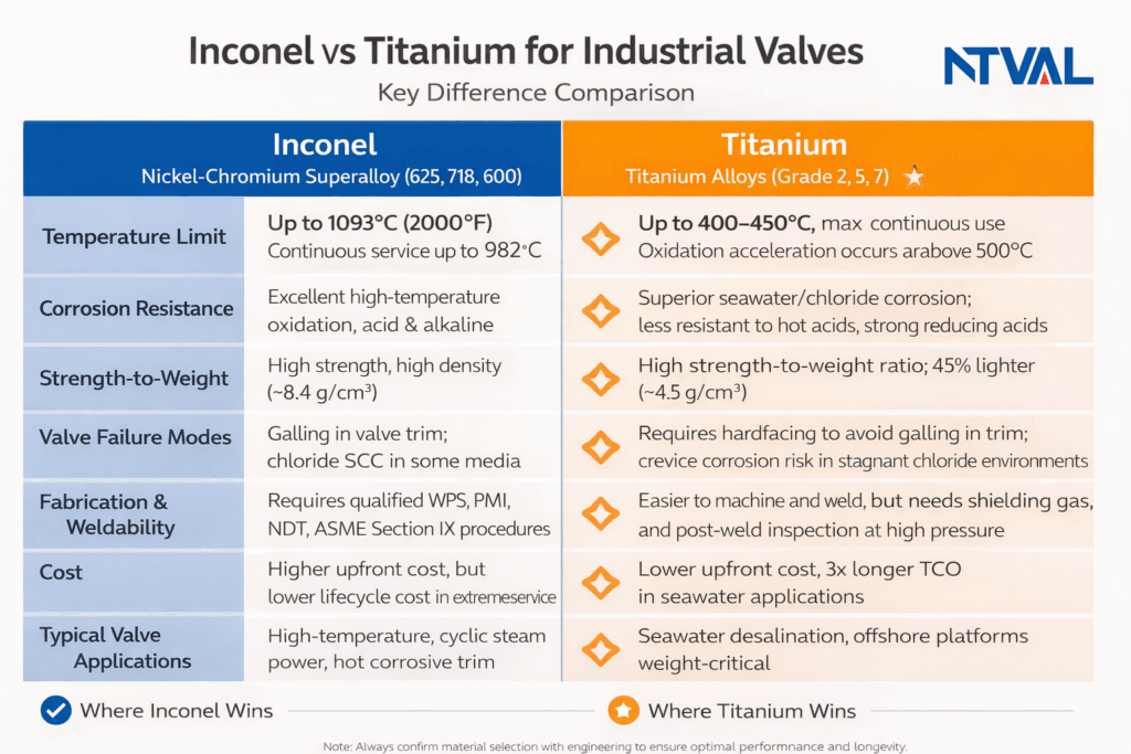 Comparison table of Inconel vs titanium for valves including temperature limits, corrosion behavior, galling risk, fabrication, and typical applications.