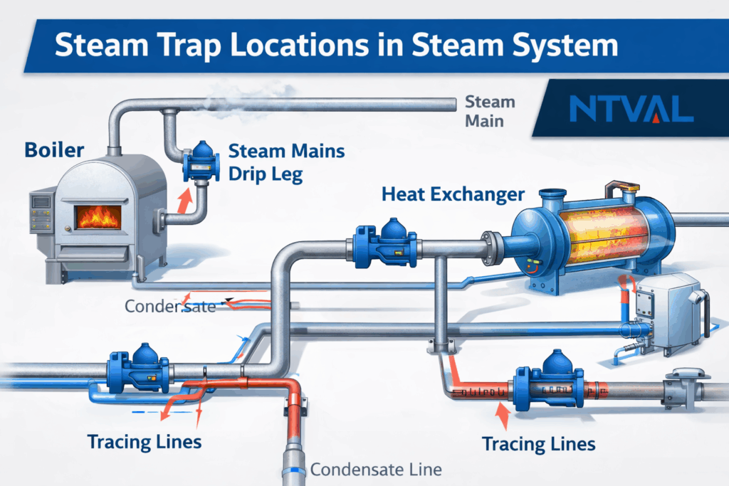 steam trap locations in industrial steam system including steam mains heat exchangers and tracing lines