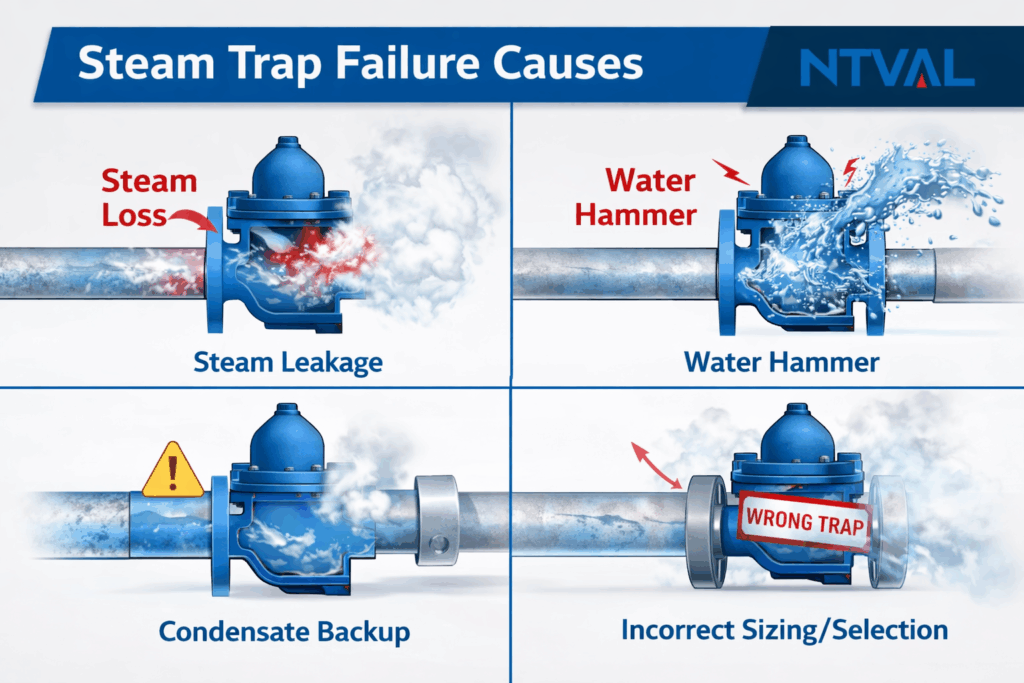 steam trap failure causes including steam leakage water hammer and condensate backup