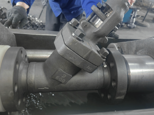 Y pattern globe valve under pressure testing in workshop