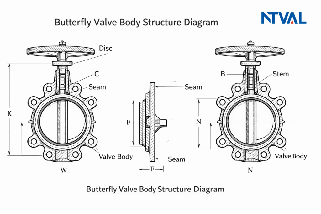 butterfly valve body structure diagram showing disc, stem, and valve body components