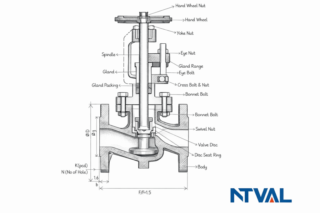 industrial globe valve structure diagram showing disc seat stem and bonnet