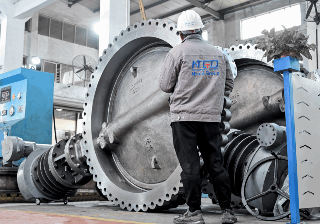 technician inspecting industrial butterfly valve during quality control process